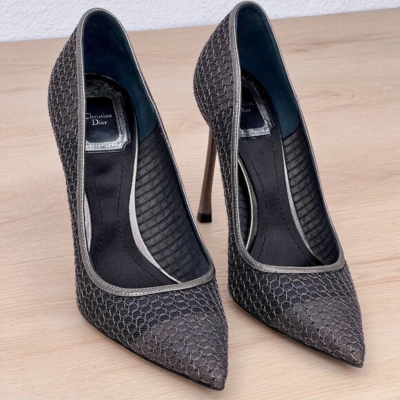 Dioressence Anthracite Gray Mesh & Shiny Pointed Toe Stiletto Size 36.5 / US 6.5 - Picture 1 of 16